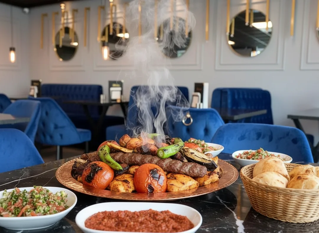 Dampende libanesisk grillfad serveret hos Zyara Restaurant i Brabrand